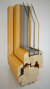 A corner sample of a triple pane all wood window.