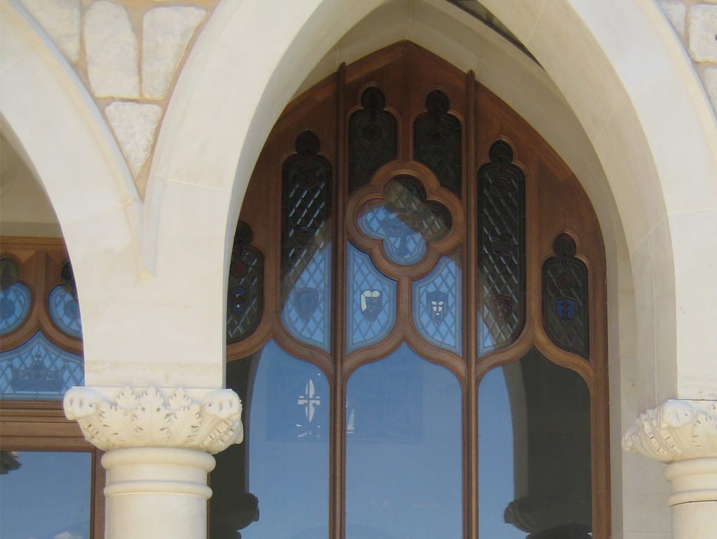 A gothic window was historically restored by the craftsmen at Veranda View
