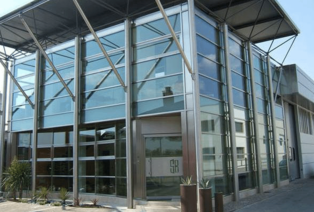 Brombal's main office features a stainless steel curtain wall