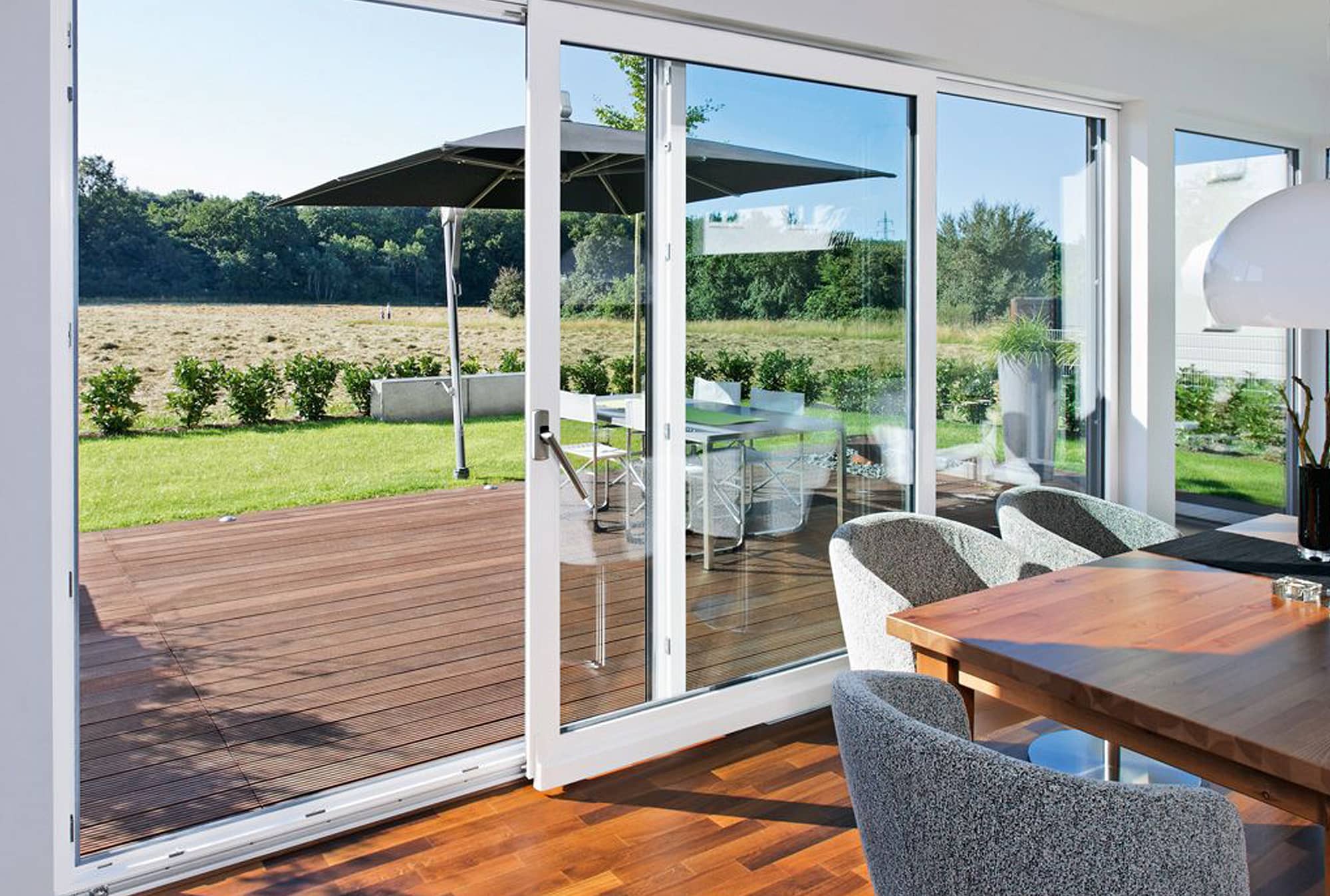 A minimal frame lift slide door system is made out of eco-friendly and energy efficient PVC