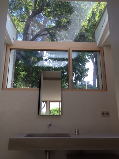 A bathroom with Carminati's Skyline minimal frame wood window